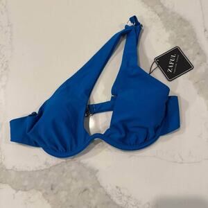 Zaful NWT One Shoulder Plunge Push Up Bikini Top Women's 6 Blue Underwire Padded